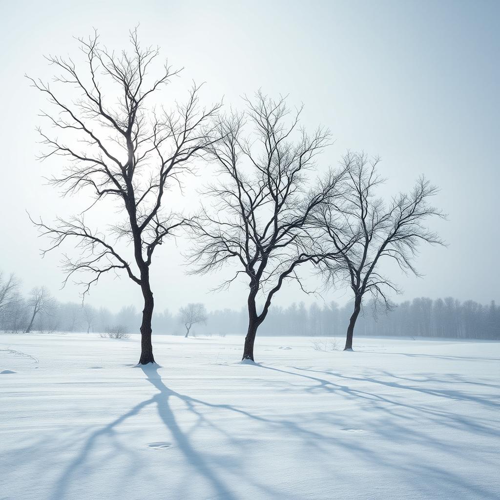 A serene winter landscape featuring several dry trees standing prominently among a blanket of soft, white snow