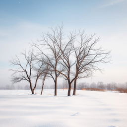 A serene winter landscape featuring several dry trees standing prominently among a blanket of soft, white snow