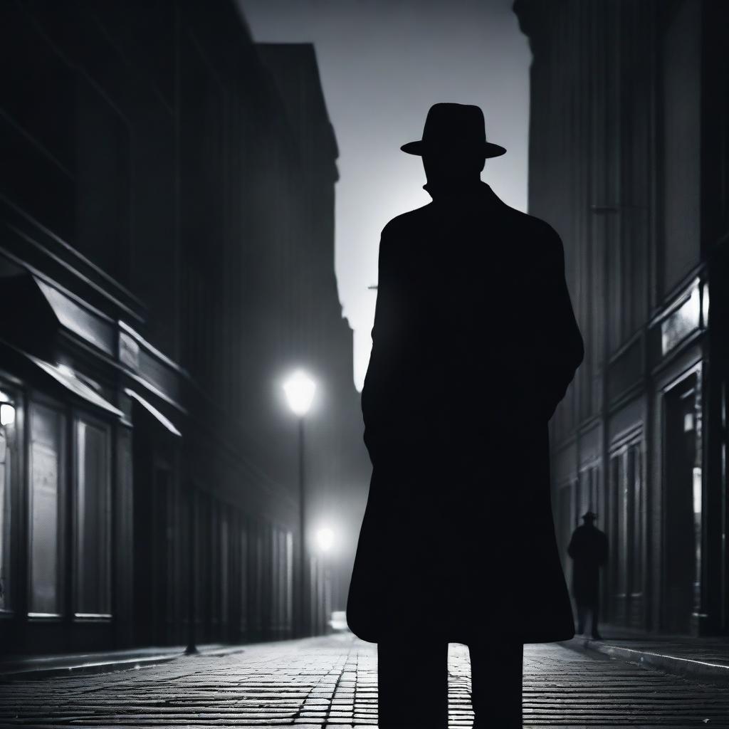 An enigmatic, solitary mafia member standing alone on a moonlit city street, casting a long shadow, his expression unreadable under his fedora hat