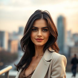 A 35-year-old European woman with dark hair, striking features, and an elegant appearance