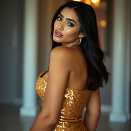 A highly realistic portrayal of a beautiful Latina model with an hourglass body, featuring large natural breasts and a big rounded rear