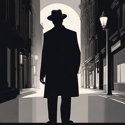 An enigmatic, solitary mafia member standing alone on a moonlit city street, casting a long shadow, his expression unreadable under his fedora hat