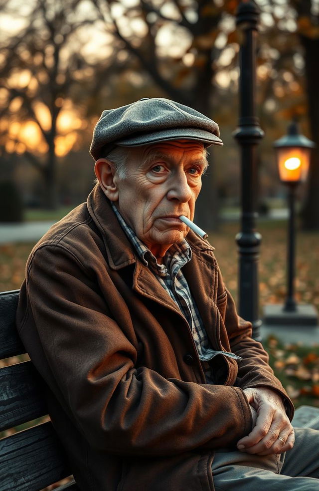 An artistic representation of an elderly man in his late 70s, sitting on a weathered wooden park bench, taking a contemplative drag from his final cigarette