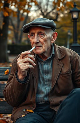 An artistic representation of an elderly man in his late 70s, sitting on a weathered wooden park bench, taking a contemplative drag from his final cigarette