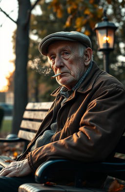 An artistic representation of an elderly man in his late 70s, sitting on a weathered wooden park bench, taking a contemplative drag from his final cigarette