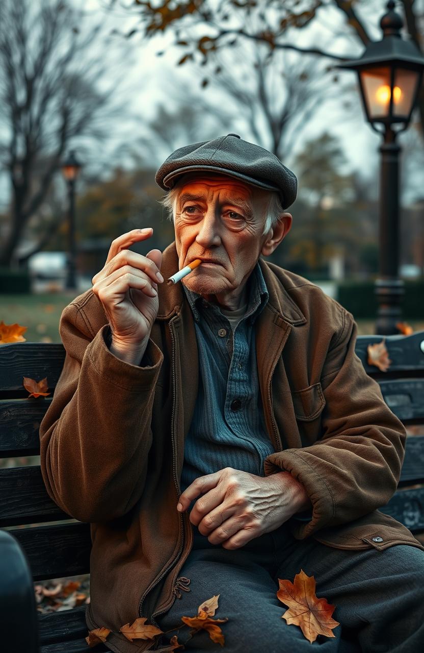 An artistic representation of an elderly man in his late 70s, sitting on a weathered wooden park bench, taking a contemplative drag from his final cigarette