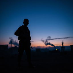 A dramatic silhouette of a soldier standing in a battleground at dusk