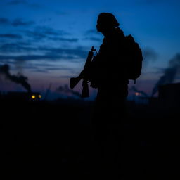 A dramatic silhouette of a soldier standing in a battleground at dusk