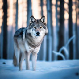 A majestic grey wolf standing powerfully in an Arctic forest landscape, bathed in the ethereal hues of the twilight, resembling a professional wildlife photoshoot