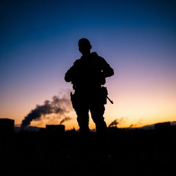 A dramatic silhouette of a soldier standing in a battleground at dusk
