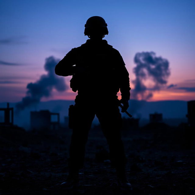 A dramatic silhouette of a soldier standing in a battleground at dusk