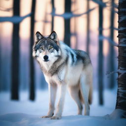 A majestic grey wolf standing powerfully in an Arctic forest landscape, bathed in the ethereal hues of the twilight, resembling a professional wildlife photoshoot