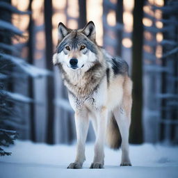 A majestic grey wolf standing powerfully in an Arctic forest landscape, bathed in the ethereal hues of the twilight, resembling a professional wildlife photoshoot