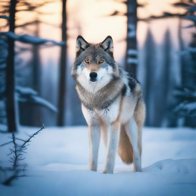 A majestic grey wolf standing powerfully in an Arctic forest landscape, bathed in the ethereal hues of the twilight, resembling a professional wildlife photoshoot