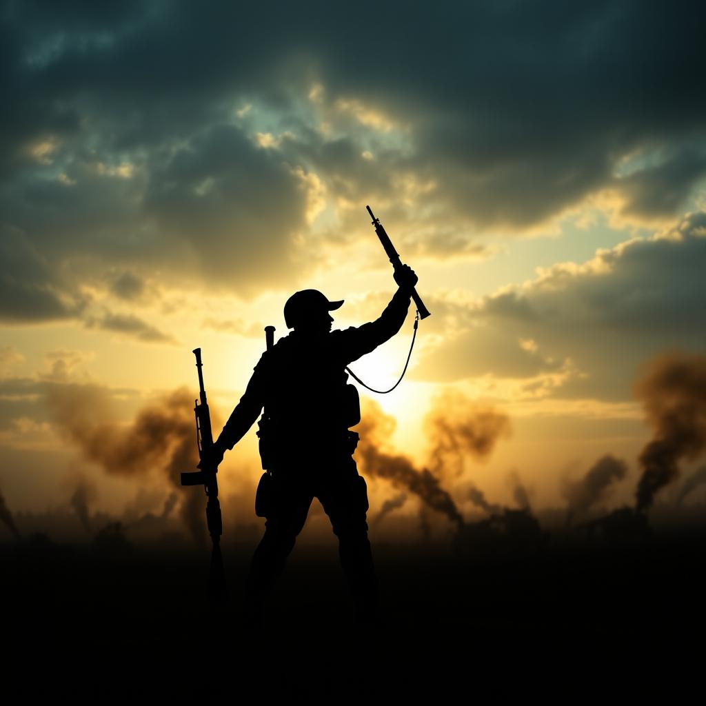 A cinematic silhouette of a soldier on a battleground, framed in a dramatic view