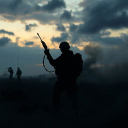A cinematic silhouette of a soldier on a battleground, framed in a dramatic view