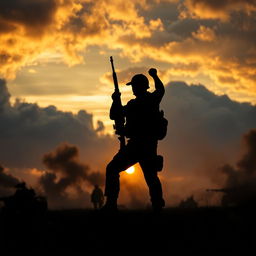 A cinematic silhouette of a soldier on a battleground, framed in a dramatic view