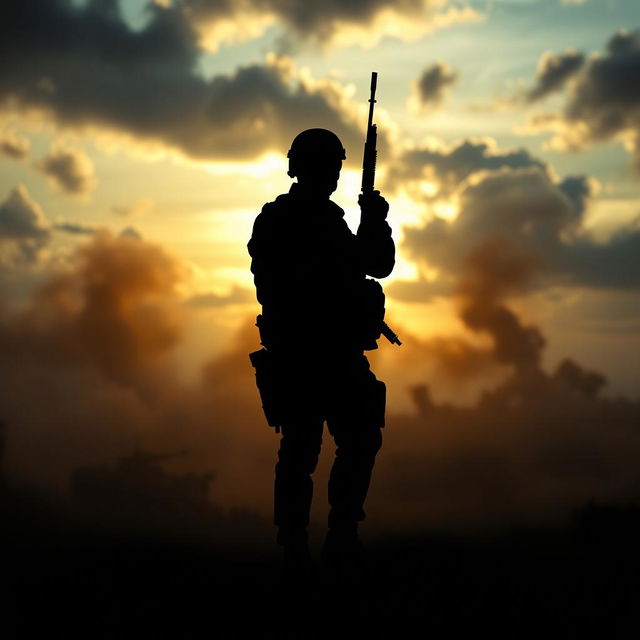 A cinematic silhouette of a soldier on a battleground, framed in a dramatic view