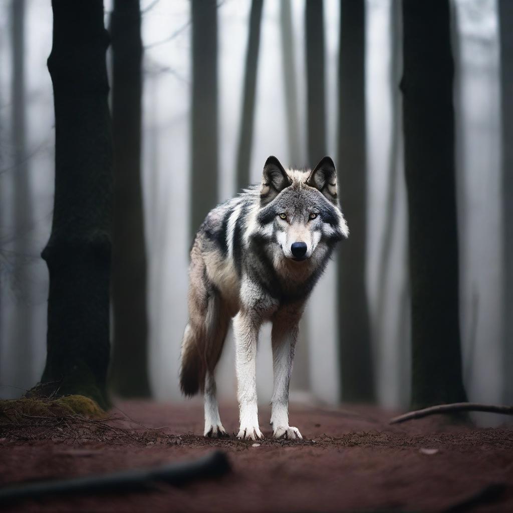 A graceful wolf navigating through a dark, eerie forest, captured in high-contrast lighting, mirroring the suspense and beauty of a professional wildlife photoshoot