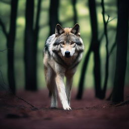 A graceful wolf navigating through a dark, eerie forest, captured in high-contrast lighting, mirroring the suspense and beauty of a professional wildlife photoshoot