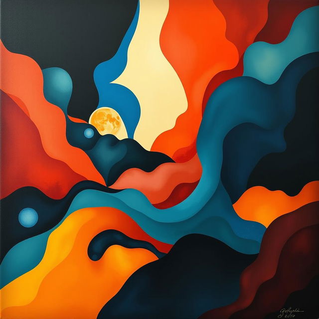 An artistic representation of 'geografía del grito' in an abstract style, featuring fluid shapes and a vibrant color palette