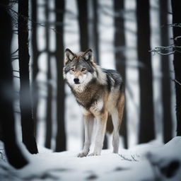 A graceful wolf navigating through a dark, eerie forest, captured in high-contrast lighting, mirroring the suspense and beauty of a professional wildlife photoshoot