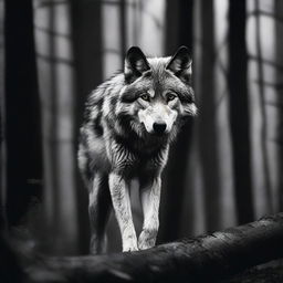 A graceful wolf navigating through a dark, eerie forest, captured in high-contrast lighting, mirroring the suspense and beauty of a professional wildlife photoshoot