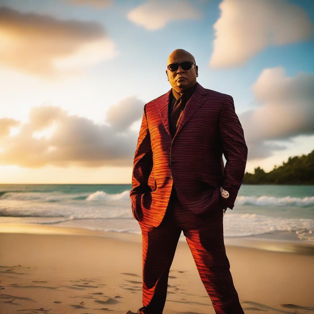 A muscular, bald-headed mafia member standing imposingly on a tranquil beach in Tobago at sunset, exuding an intimidating yet charismatic aura