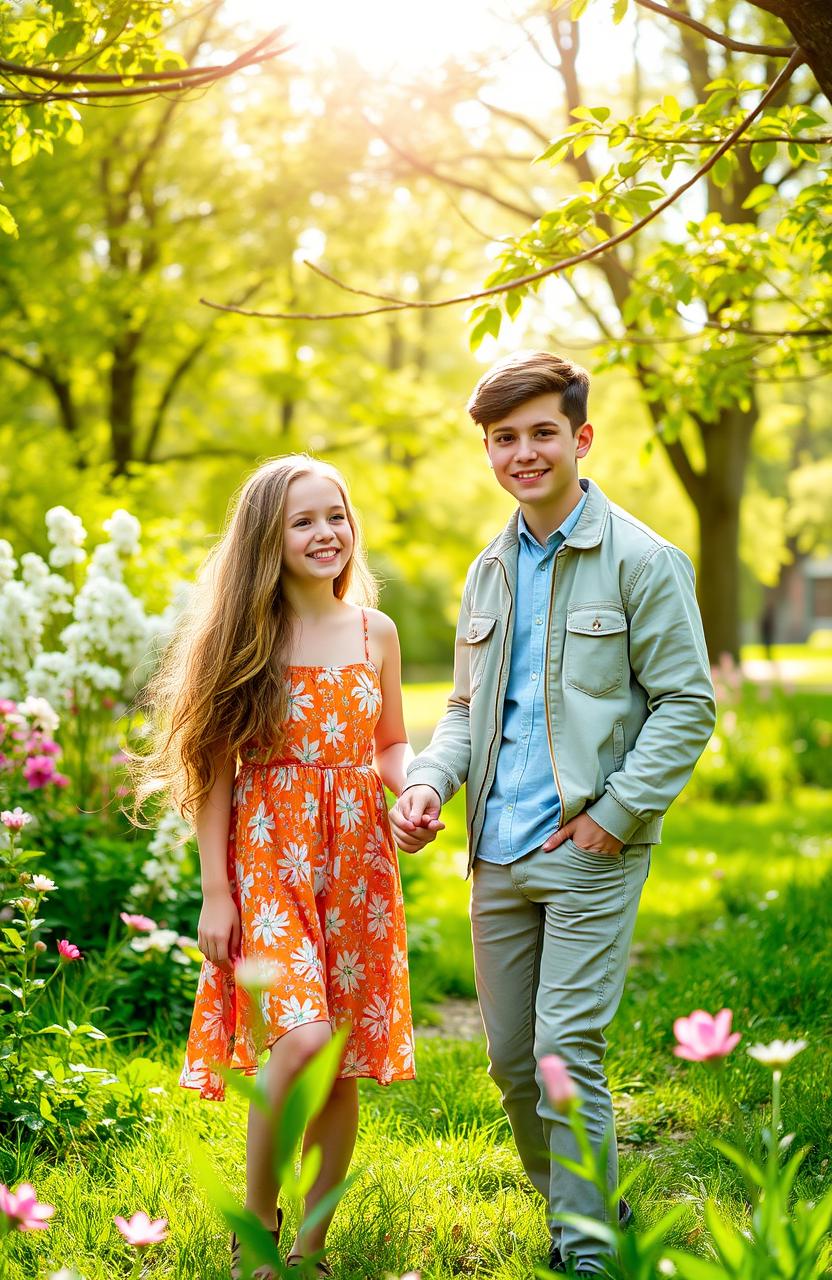 A scene in a lush park during spring, featuring a teenage boy gently holding the hand of a teenage girl