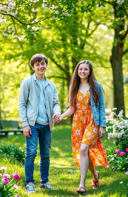 A scene in a lush park during spring, featuring a teenage boy gently holding the hand of a teenage girl