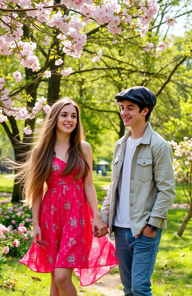 A scene in a lush park during spring, featuring a teenage boy gently holding the hand of a teenage girl