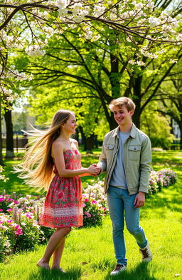 A scene in a lush park during spring, featuring a teenage boy gently holding the hand of a teenage girl