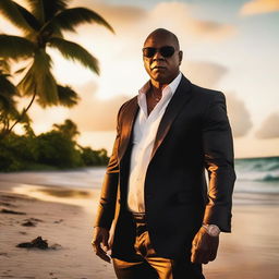 A muscular, bald-headed mafia member standing imposingly on a tranquil beach in Tobago at sunset, exuding an intimidating yet charismatic aura