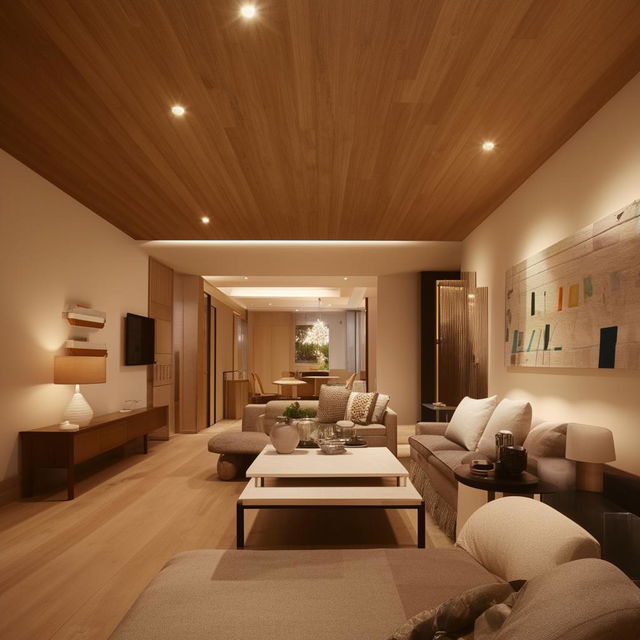 A 25 by 50 room's interior, view from the front showing the neat arrangement of modern furniture, warm lighting and sophisticated color scheme