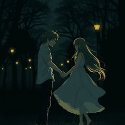 A scene set in a dark, moody park at dusk, featuring a teenage boy gently holding the hand of a teenage girl