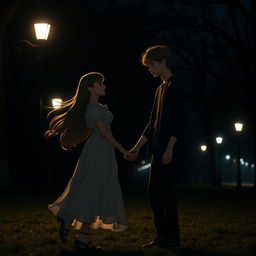 A scene set in a dark, moody park at dusk, featuring a teenage boy gently holding the hand of a teenage girl