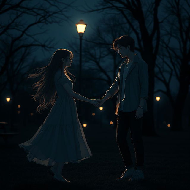 A scene set in a dark, moody park at dusk, featuring a teenage boy gently holding the hand of a teenage girl