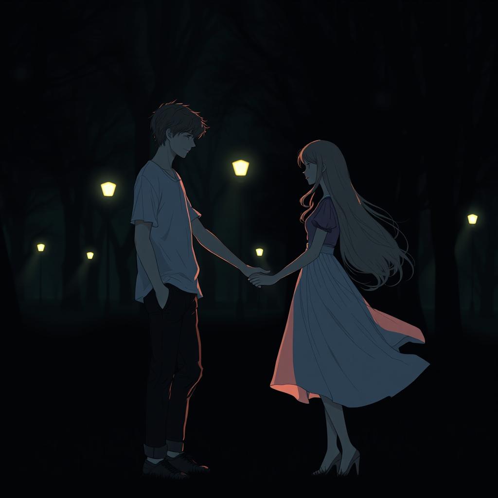 A scene set in a dark, moody park at dusk, featuring a teenage boy gently holding the hand of a teenage girl