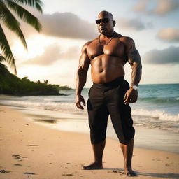 A muscular, bald-headed mafia member standing imposingly on a tranquil beach in Tobago at sunset, exuding an intimidating yet charismatic aura