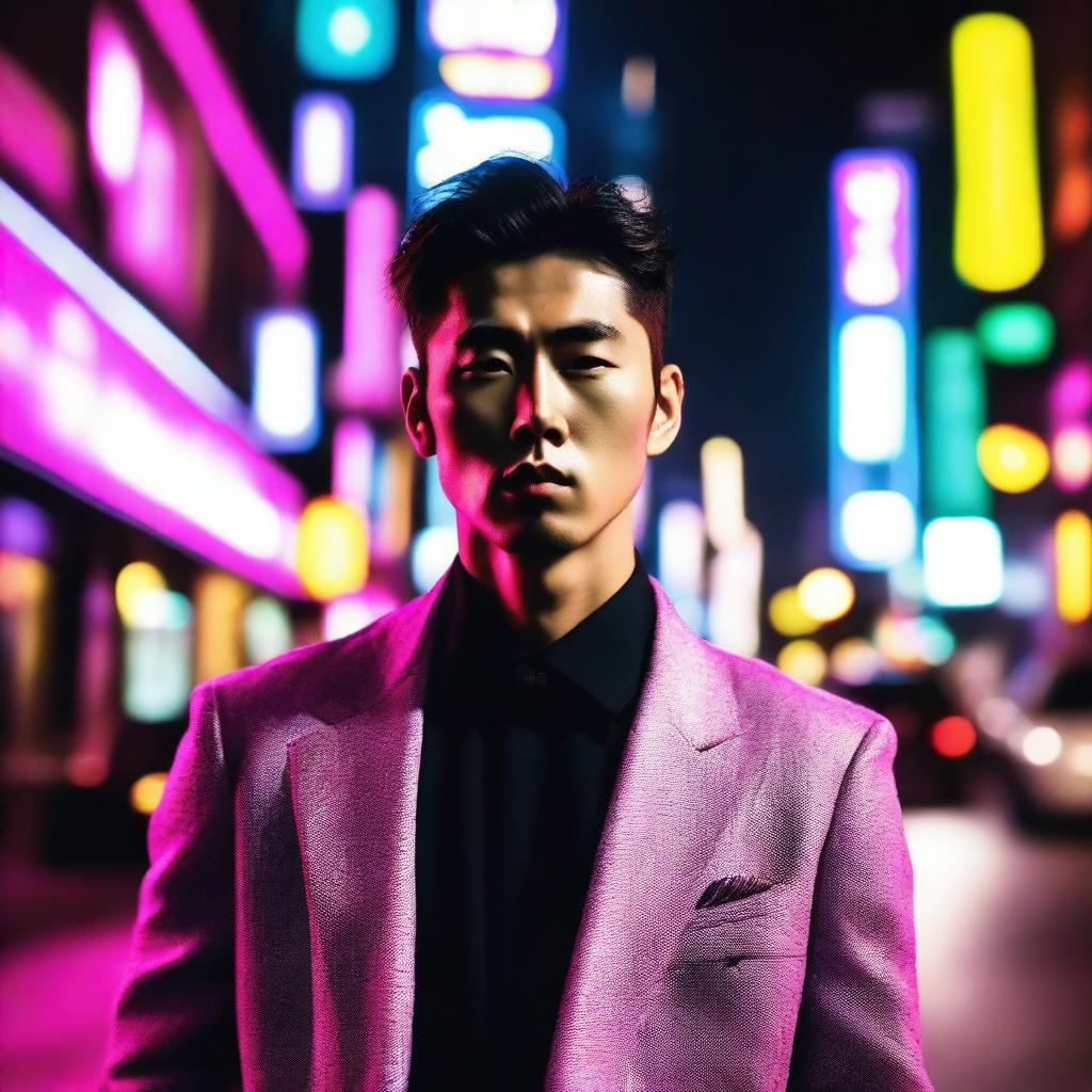 A strikingly handsome Korean man dressed in stylish gangster attire, exhibiting charisma and confidence underneath the city's neon lights