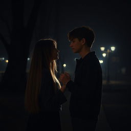 A scene in a dimly lit, atmospheric park at night, resembling the aesthetic of an adult-themed novel