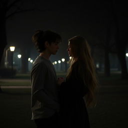 A scene in a dimly lit, atmospheric park at night, resembling the aesthetic of an adult-themed novel