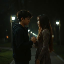A scene in a dimly lit, atmospheric park at night, resembling the aesthetic of an adult-themed novel
