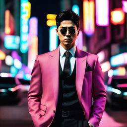 A strikingly handsome Korean man dressed in stylish gangster attire, exhibiting charisma and confidence underneath the city's neon lights