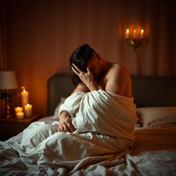 A sensual and intimate scene between two adult partners in a cozy, dimly lit bedroom