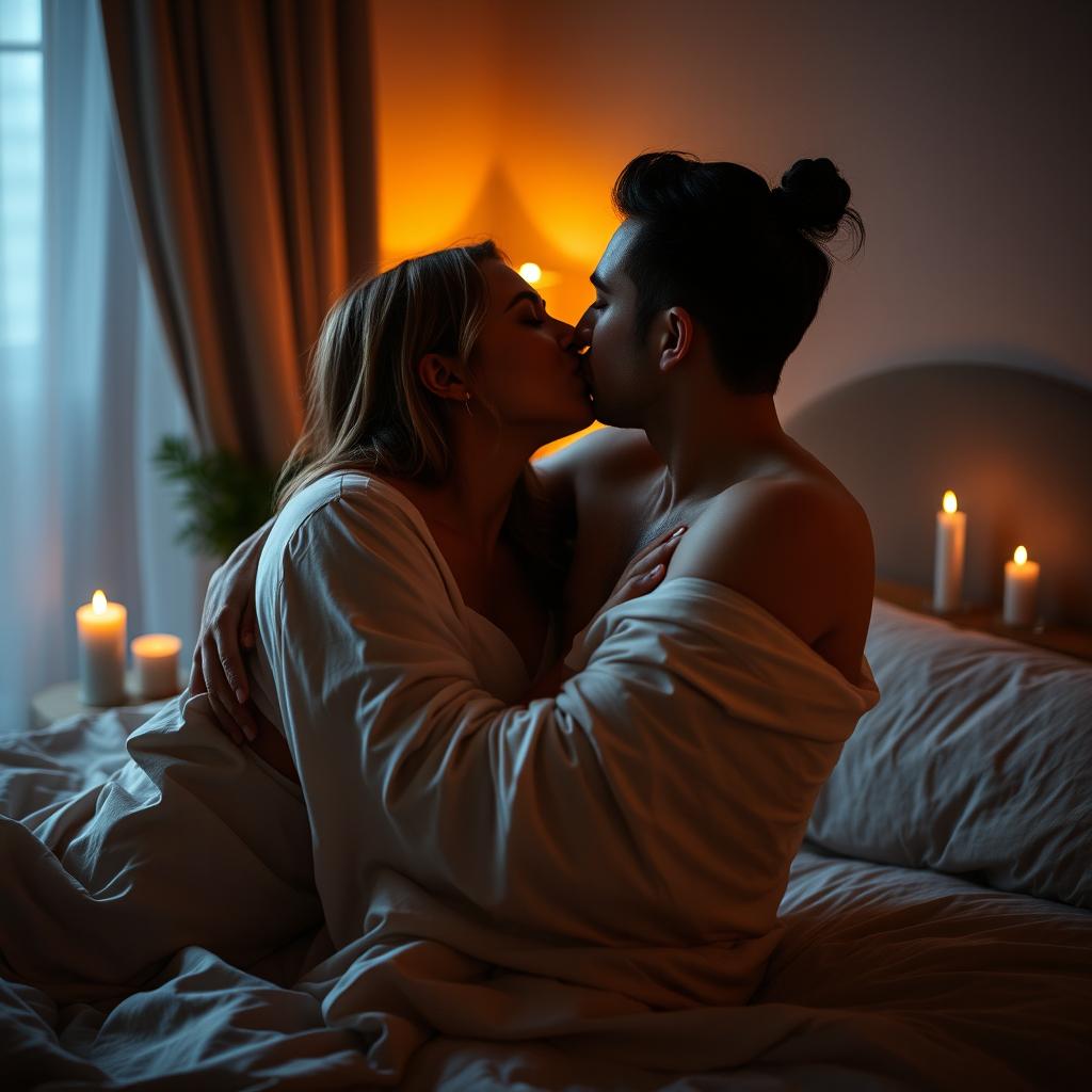 A sensual and intimate scene between two adult partners in a cozy, dimly lit bedroom