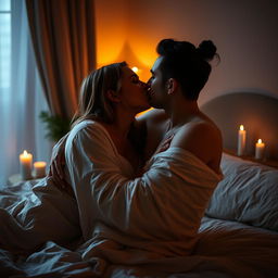 A sensual and intimate scene between two adult partners in a cozy, dimly lit bedroom