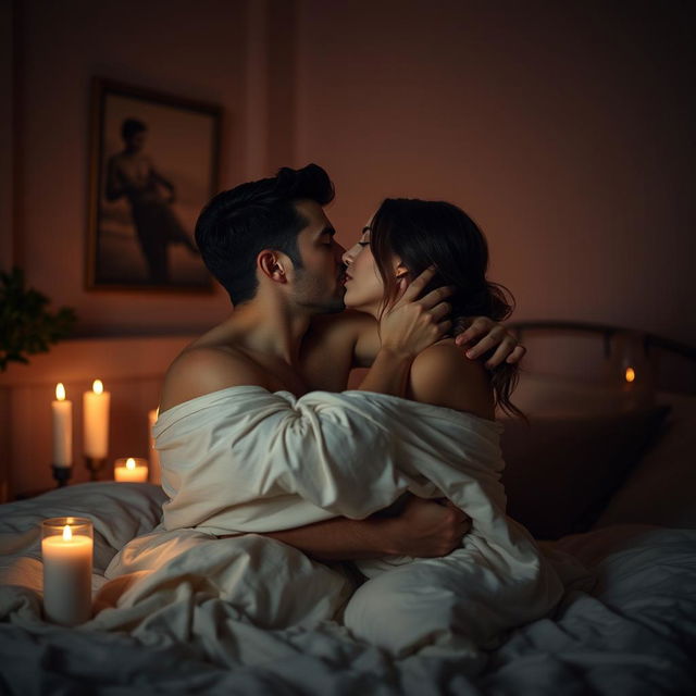 A sensual and intimate scene between two adult partners in a cozy, dimly lit bedroom