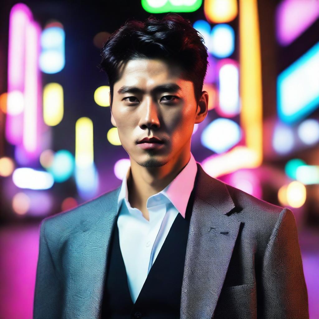 A strikingly handsome Korean man dressed in stylish gangster attire, exhibiting charisma and confidence underneath the city's neon lights