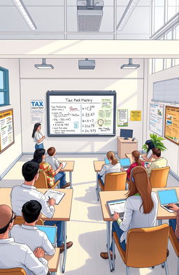 A detailed illustration of a modern classroom setting focused on tax mastery and financial education